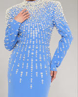 Crystal Cascade Embellished Mermaid Evening Gown - Blue