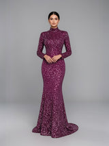 Silver Sparkle Sequin Mermaid Evening Gown - Fuschia