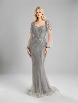 Majestic Crystal Beaded Evening Gown - Silver