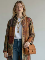 IMPERIAL MOSAIC SILK LONG COAT— GOLD TRIM