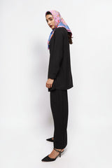 ALBANA New York black textured crepe button-down shirt worn with matching trousers and a colorful patterned headscarf
