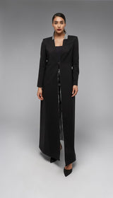 ALBANA New York black tailored maxi coat with patterned lapel and water-resistant finish.