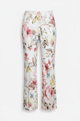 ALBANA New York blush floral print cotton flare pants with a mid-rise waist and double pleated front detail.