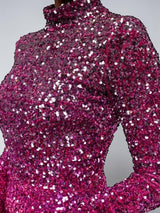 ALBANA New York fuschia ombre sequin long sleeve evening gown with a mock neck and velvet stretch material