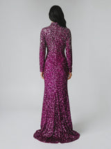 ALBANA New York fuschia ombre sequin mermaid evening gown with long sleeves and mock neck, back view