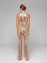 ALBANA New York gold sequin sleeveless mock neck blouse and matching trousers, back view on model