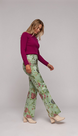 ALBANA New York light green brocade pants with a floral pattern, mid-rise, double pleated, and hidden side zipper.