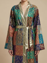 ALBANA New York silk kimono robe featuring a jewel-toned mosaic patchwork design and metallic gold trim belt.