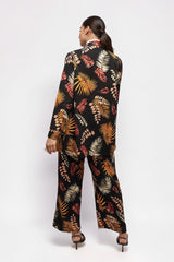 ALBANA New York printed foliage crepe shirt and matching wide leg pants in black with orange and yellow leaf pattern