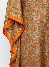 ALBANA New York silk kaftan maxi dress featuring an intricate orange, green, and cream paisley print with kimono sleeves.