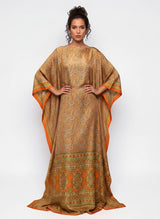 ALBANA New York printed silk kaftan maxi dress with paisley pattern in orange, green, and cream with kimono sleeves.