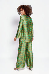 ALBANA New York Sage Scrolls Silk Tunic in green with a vibrant floral pattern. Relaxed fit, 100% silk.