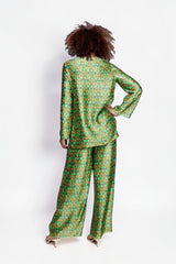 ALBANA New York Sage Scrolls Silk Tunic with green and gold floral pattern. Relaxed fit, 100% silk.