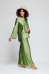 ALBANA New York Sage Scrolls Silk Tunic with green and gold floral print. Relaxed fit, 100% silk.