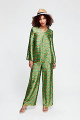 ALBANA New York Sage Scrolls Silk Tunic with green and gold floral pattern. Relaxed fit, 100% silk.