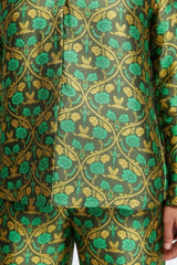 ALBANA New York Sage Scrolls Silk Tunic with green and gold floral pattern. Relaxed fit, 100% silk.