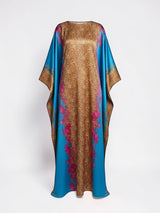 ALBANA New York Sahara Aqua satin kaftan featuring a gold leopard print center and vibrant turquoise floral panels.