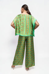 ALBANA New York silk wide leg pants and matching top in vibrant green and gold floral print with elastic waist