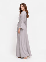 ALBANA New York Stone Veil maxi kaftan in soft stone grey with long sleeves, tie details, and adjustable waist belt.