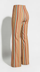 ALBANA New York mid-rise flare pants in multi-colored vertical stripes made from fluid polyester fabric.