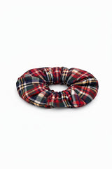 ALBANA New York tartan plaid scrunchie in red, green, and yellow woven cotton blend with structured ruching.