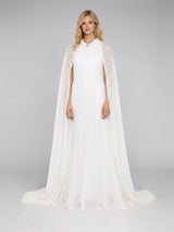 ALBANA New York floor-length white sheer maxi cape with rose embroidery, collar, and crystal button closure.