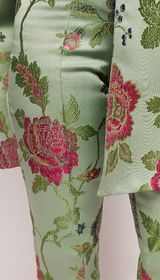 Green Floral Brocade Slim Pants