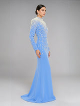 Crystal Cascade Embellished Mermaid Evening Gown - Blue