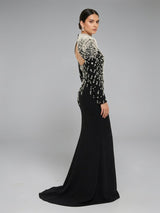 Crystal Cascade Embellished Mermaid Evening Gown - Black