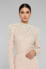 Crystal Cascade Embellished Mermaid Evening Gown - Blush