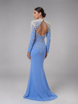 Crystal Cascade Embellished Mermaid Evening Gown - Blue