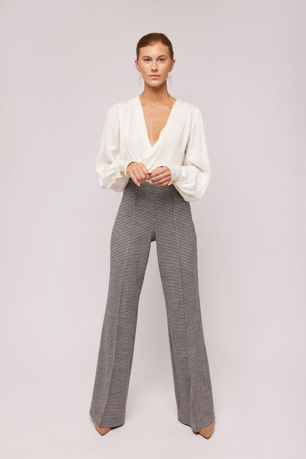 Navy Houndstooth Wool Flare Pant