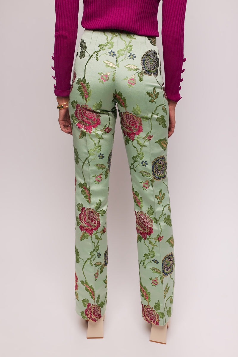 Green Floral Brocade Slim Pants