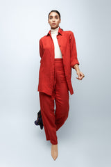 Coral Red Textured Linen Shirt