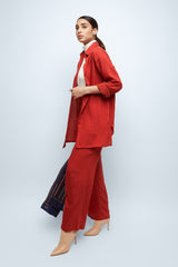 Coral Red Textured Linen Shirt