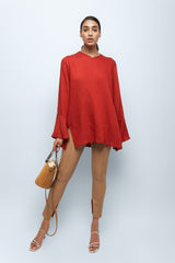 Coral Red Textured Linen Tunic