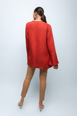 Coral Red Textured Linen Tunic
