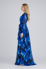 Blue Abstract Silk Chiffon Gown