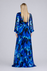 Blue Abstract Silk Chiffon Gown