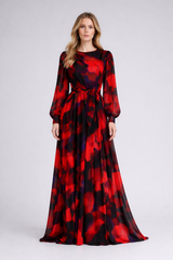 Red Abstract Silk Chiffon Gown