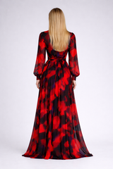 Red Abstract Silk Chiffon Gown