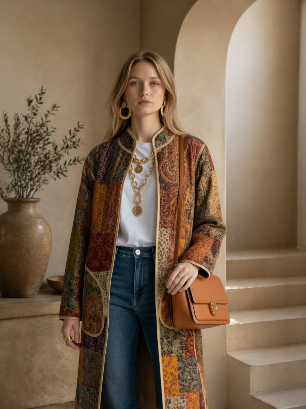 IMPERIAL MOSAIC SILK MID COAT— GOLD TRIM