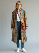 IMPERIAL MOSAIC SILK LONG COAT— NOIR TRIM