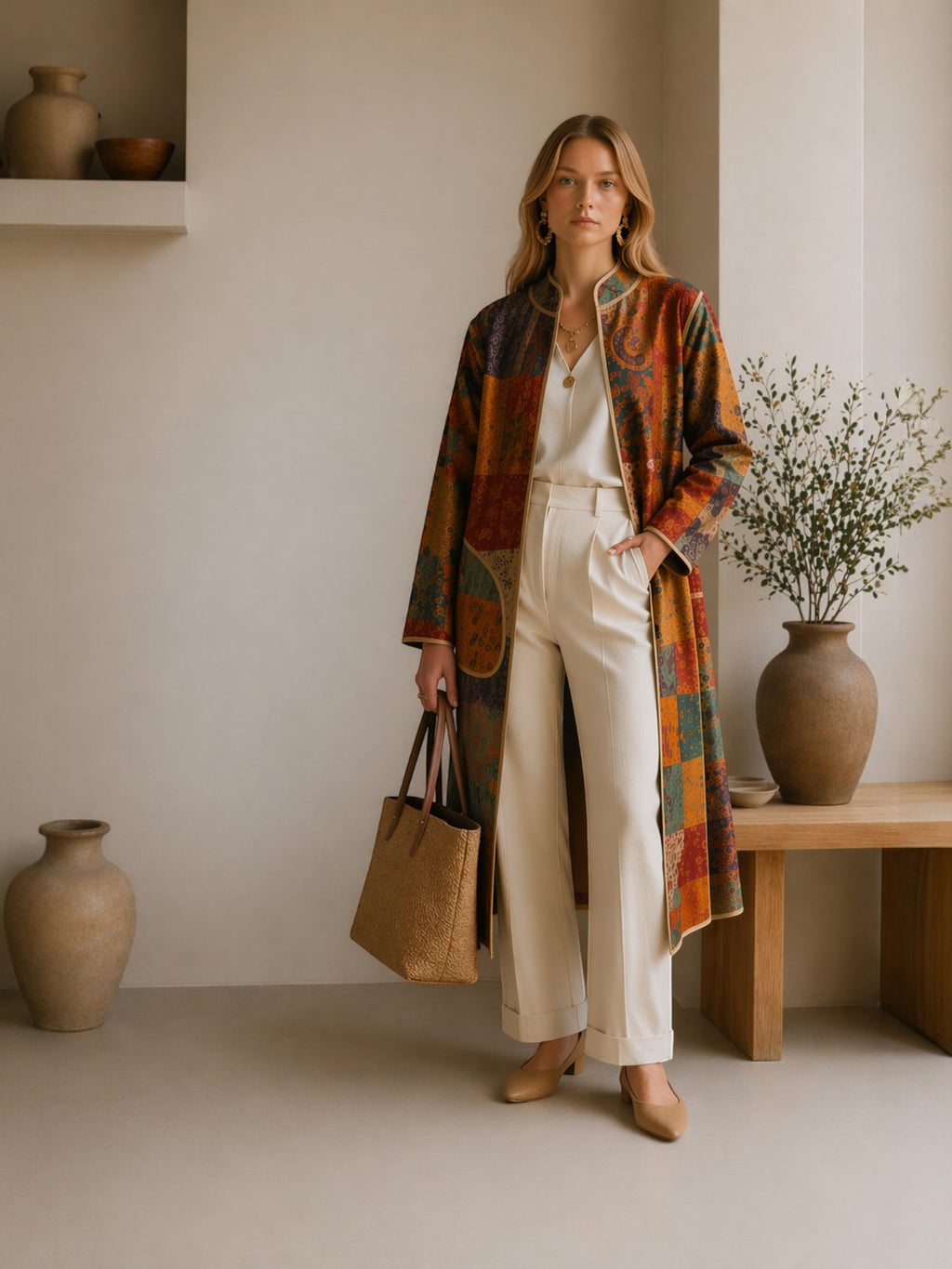 Imperial Mosaic Silk Long Coat — Gold Trim | ALBANA New York