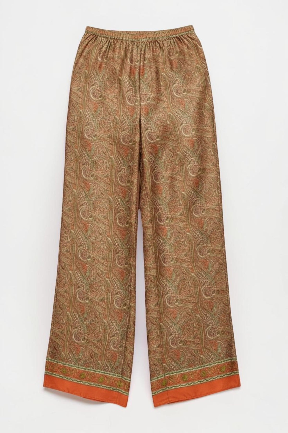 ALBANA New York apricot silk wide leg pants with an intricate paisley print and an elastic waistband.