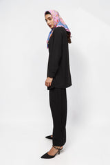 ALBANA New York black textured crepe wide leg pants worn by a model with a pink patterned headscarf and heels
