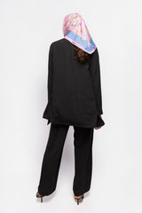 ALBANA New York black textured crepe shirt worn with matching pants and a colorful patterned headscarf, back view.