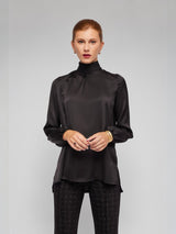ALBANA New York black silky polyester long sleeve blouse with mock neck, front pleats, elastic cuffs, and back zipper.
