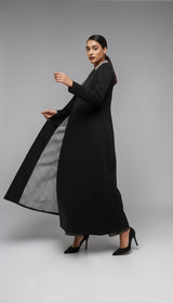 ALBANA New York black tailored maxi coat with a checkered collar and water-resistant finish.