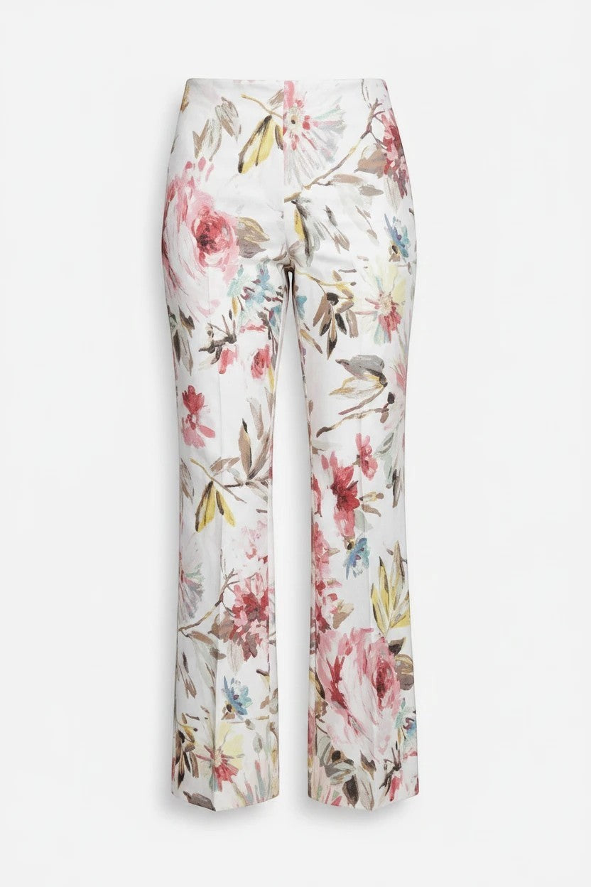 ALBANA New York blush floral print cotton flare pants with a mid-rise waist and double pleated front detail.